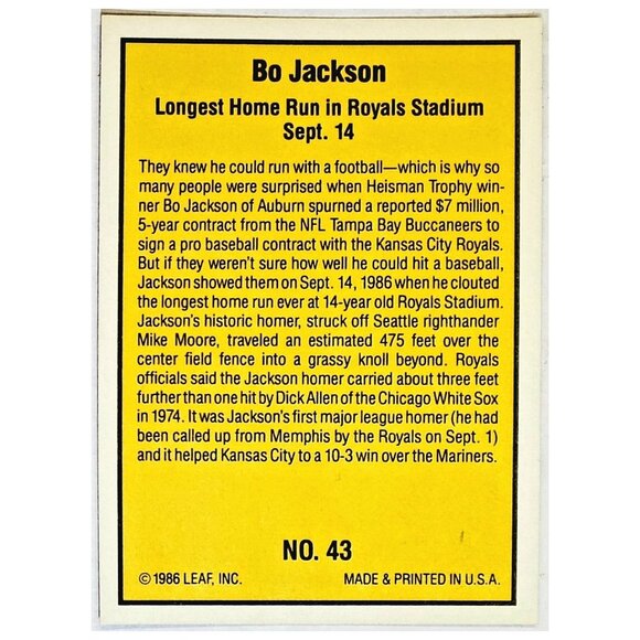 BO JACKSON ROOKIE 1986 DONRUSS HIGHLIGHTS #43 KANSAS CITY ROYALS, TWO-SPORT STAR - Picture 2 of 3